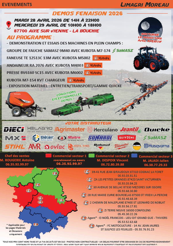  Une erreur s'est glissé dans nos dates de démos fenaisons ! Elles auront bien lieu le Mardi 28 avril et Mercredi 29 avril ! Avec nocturne le mardi soir !